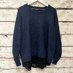 TORRID Navy Blue with Black Lace Bottom Twofer Sweater Ruched Sleeves Sz 1